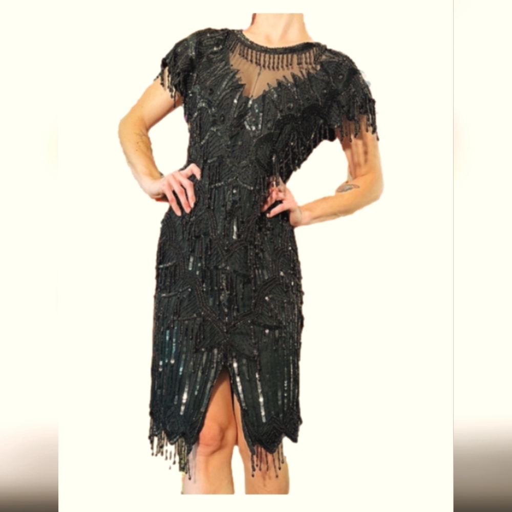 Vintage 80’s M.J. Carroll, 100% pure silk, beaded sheath dress size Medium